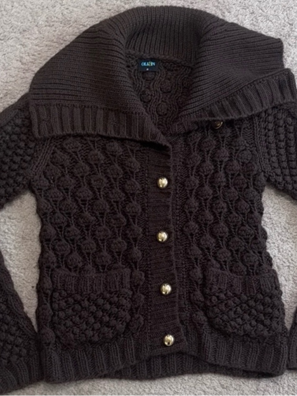 Olian Maternity XS Brown Chunky Knit Cardigan Sweater Gold Buttons